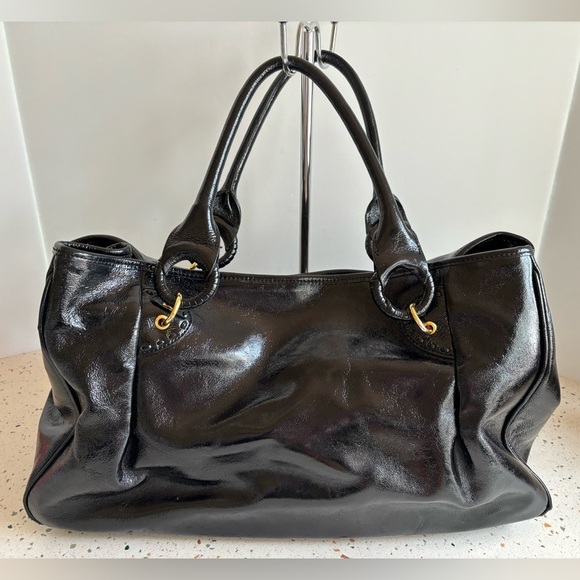 Beverly Feldman Black Patent Leather Large Handbag with Animal Print Interior‎ - Picture 5 of 15
